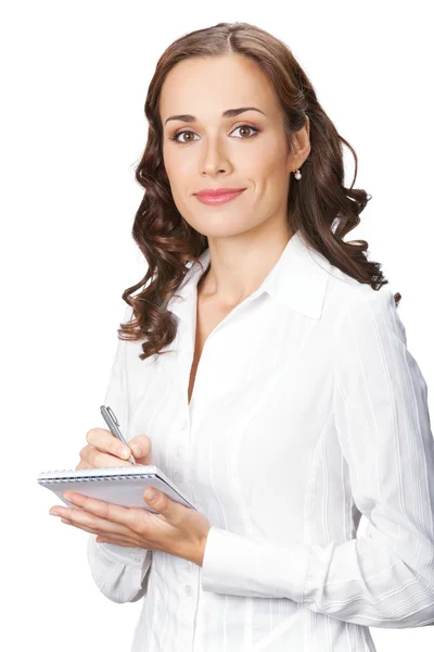 Geschäftsfrau mit Organisator, isoliert auf weiß Stockfoto