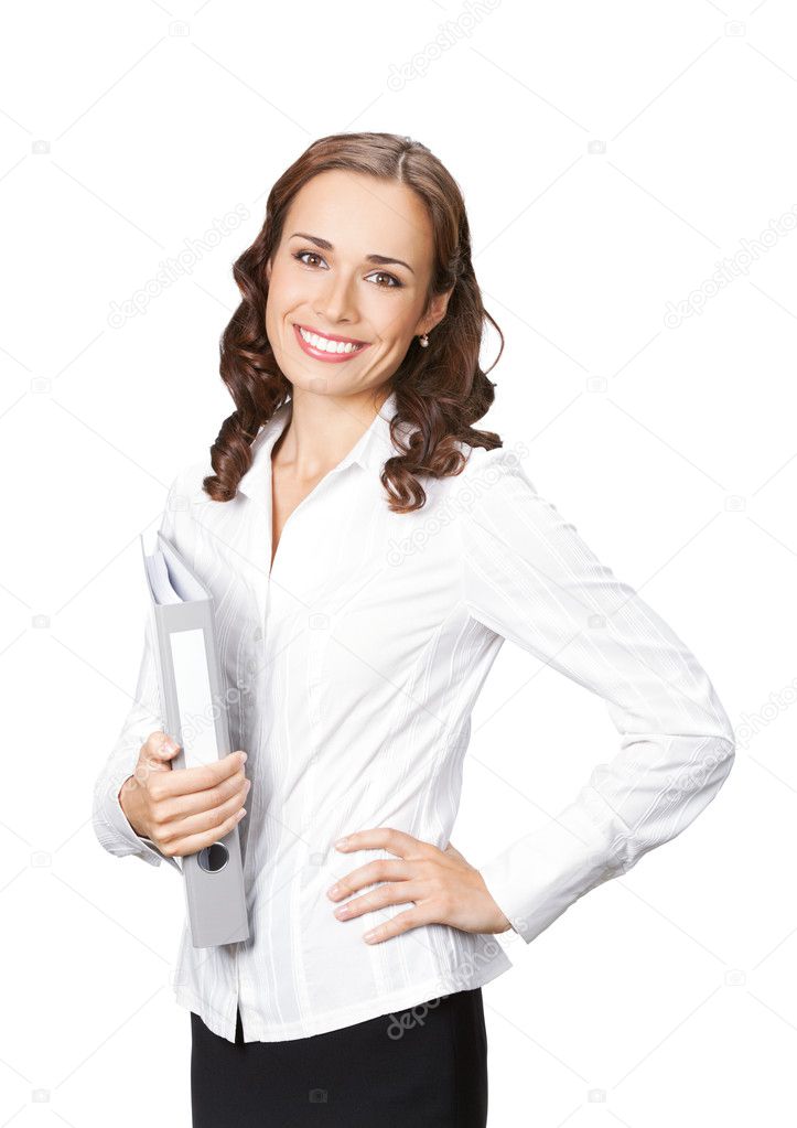 Businesswoman with gray folder, isolated