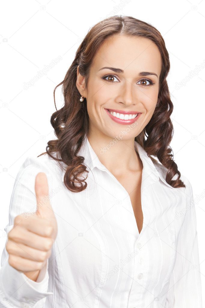Businesswoman with thumbs up, on white