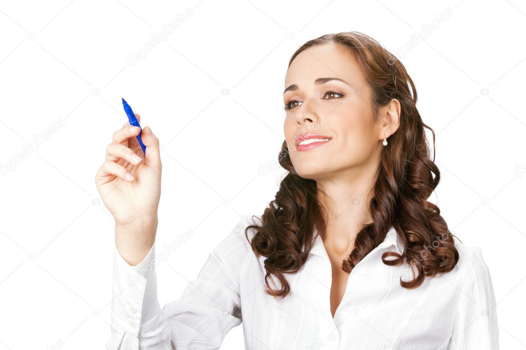 Businesswoman writing or drawing on screen, isolated