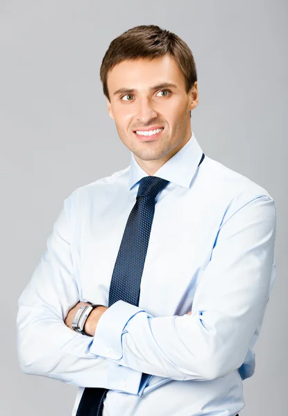 Porträt eines Geschäftsmannes, vor grauem Hintergrund — Stockfoto