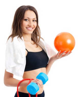 Woman with dumbbell, ball and expander, on white clipart