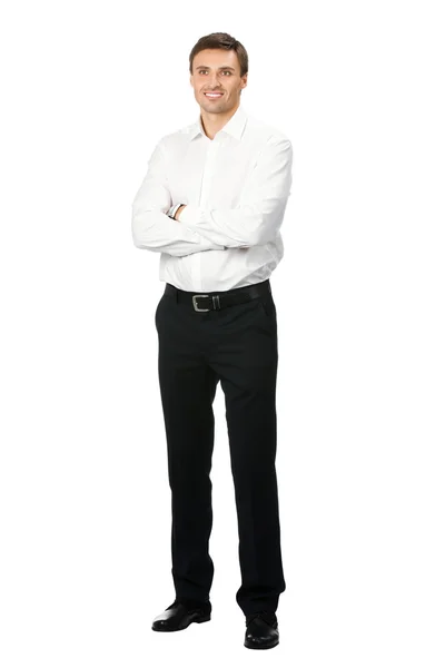 Ritratto a corpo intero di uomo d'affari felice, su bianco — Foto Stock