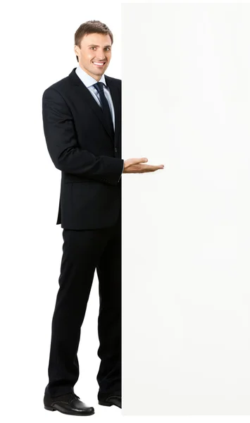 Corpo inteiro de empresário mostrando tabuleta, isolado — Fotografia de Stock