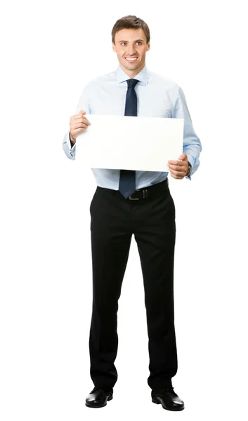 Full body of businessman showing signboard, isolated — Stock Photo, Image
