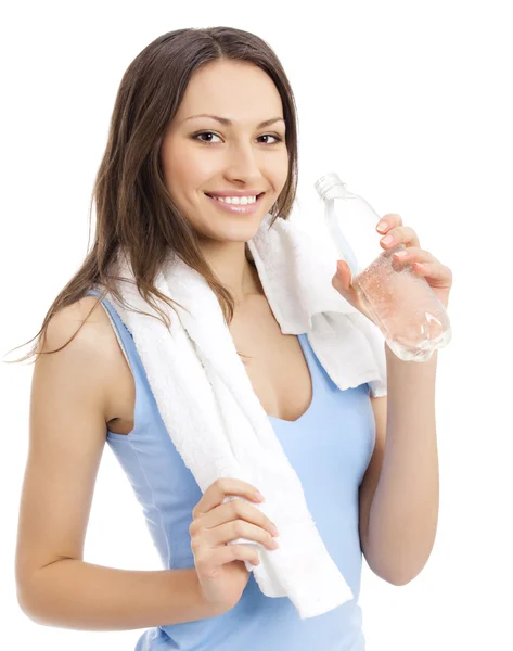 Mulher em desgaste fitness com água, isolado — Fotografia de Stock