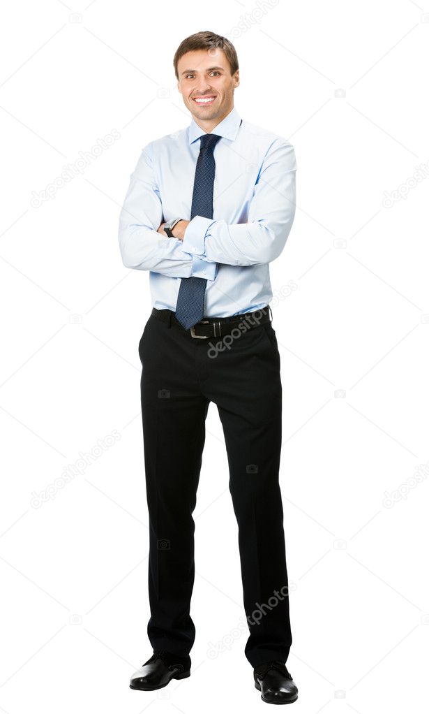 Full body portrait of happy business man, on white