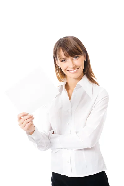 Бізнес-леді, що показує порожню вивіску, на білому — стокове фото