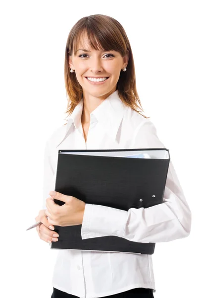 Businesswoman with blue folder, isolated — Stock Photo, Image
