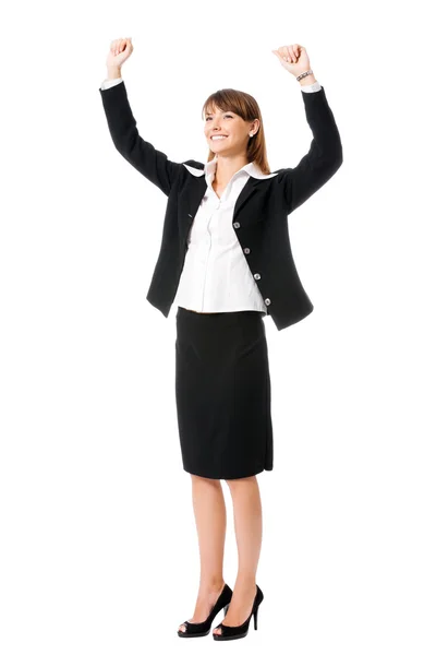 Glad gestikulerande affärskvinna, på vitt — Stockfoto