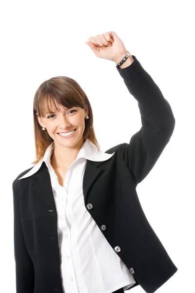 Gelukkig gebaren zakenvrouw, op wit — Stockfoto