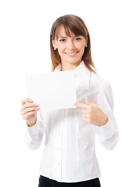 Businesswoman showing blank signboard, on white Stock Photo