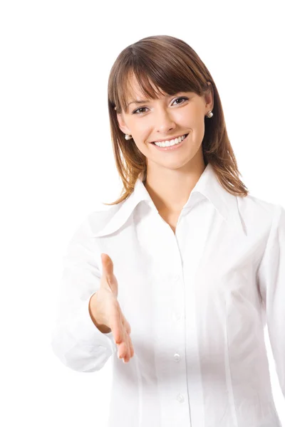 Geschäftsfrau reicht Hand für Handschlag, auf weiß Stockfoto
