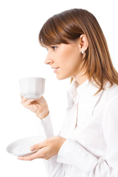 Деловая женщина пьет кофе, изолирован — стоковое фото