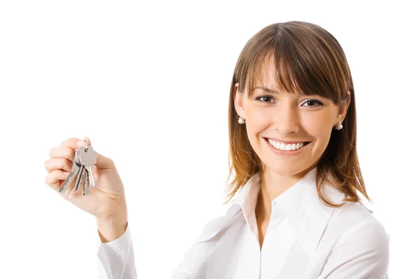 Joven feliz sonriente mujer de negocios o agente de bienes raíces mostrando — Foto de Stock