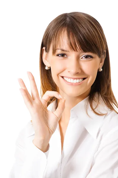 Ділова жінка з нормальним жестом, на білому — стокове фото