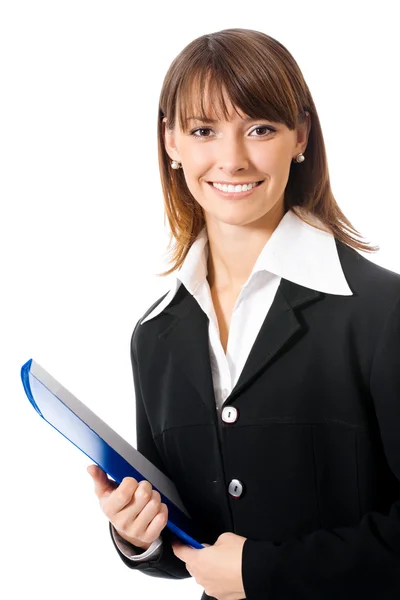 Kobieta z folderu niebieski, na białym tle — Zdjęcie stockowe