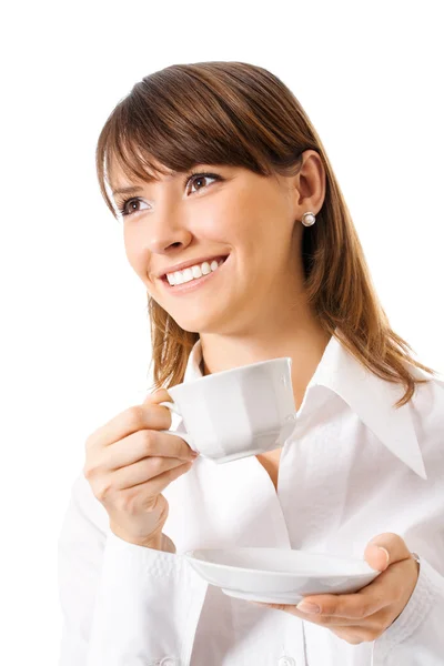 Donna d'affari bere caffè, isolato — Foto Stock
