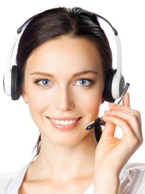 Support phone operator in headset, isolated clipart