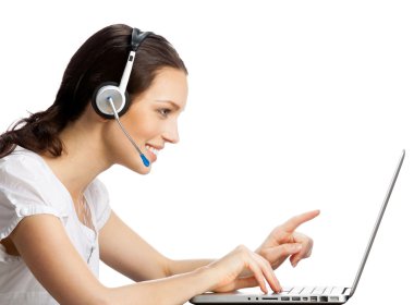 Phone operator in headset with laptop, isolated clipart