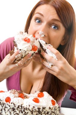 Young hungry gluttonous woman eating pie, isolated clipart