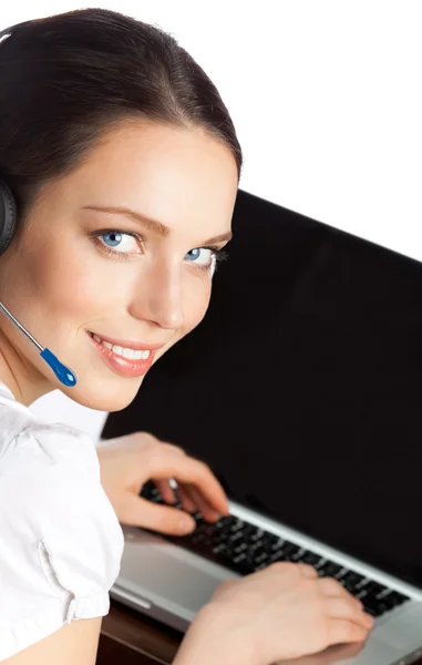 Phone operator in headset with laptop, isolated — Stock Photo, Image