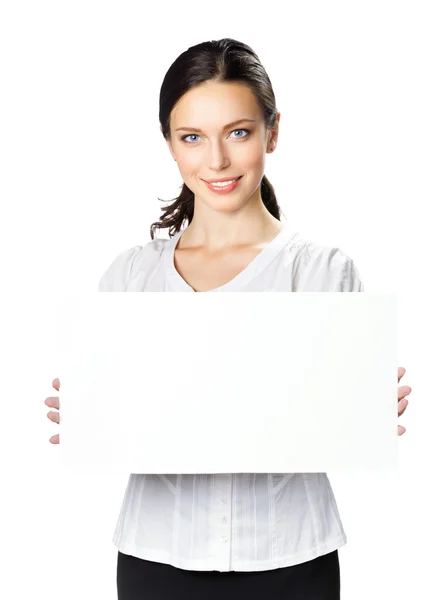 Iş kadını üzerine beyaz boş tabela gösteriliyor — Stok fotoğraf
