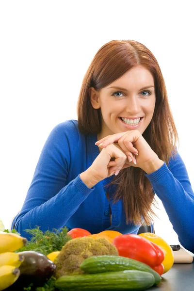 Joven mujer feliz con verduras, aislado en blanco — Foto de Stock