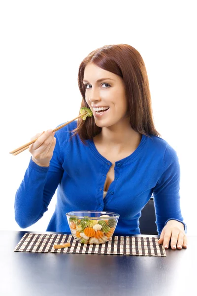 Young happy smiling woman with salad, isolated on white — Stock Photo, Image