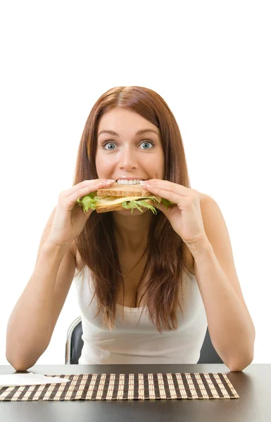 Bardzo głodny żarłoczny kobieta jedzenie kanapka z serem, isolat — Zdjęcie stockowe