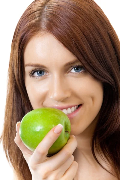 Młoda kobieta jabłko jedzenie, na białym tle — Zdjęcie stockowe