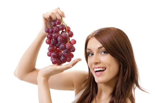 Happy woman with bunch of grape, isolated on white — Stock Photo, Image