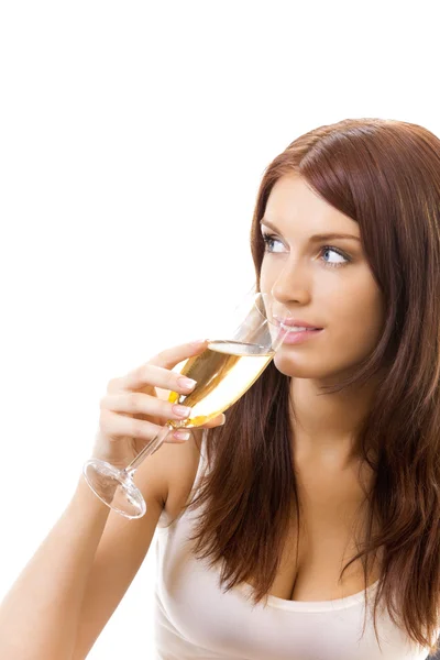 Jonge vrouw met glas champagne, geïsoleerd op wit — Stockfoto