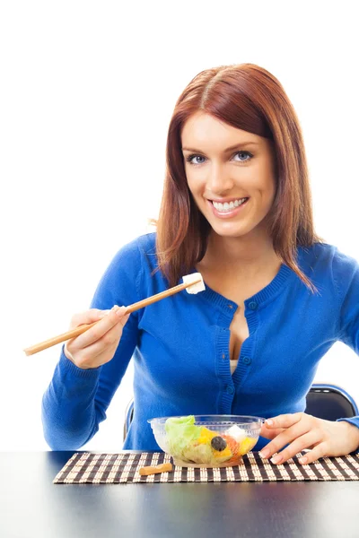 Smiling woman with salad, isolated — Stock Photo, Image