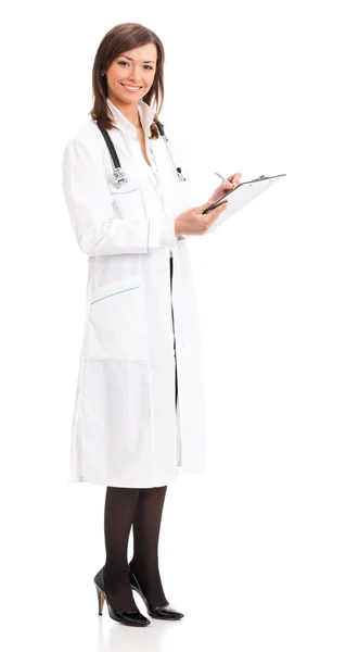 Glücklicher Arzt mit Stethoskopschrift auf Klemmbrett, isoliert — Stockfoto