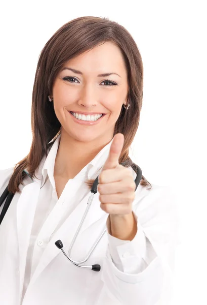 Medico felice con pollice in su, su bianco — Foto Stock