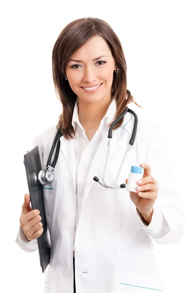 Zadowolony lekarz z lekiem, na białym tle — Zdjęcie stockowe