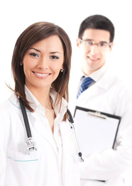 Felice medico e collega su sfondo, isolato su bianco — Foto Stock
