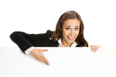 Business woman showing blank signboard, isolated clipart