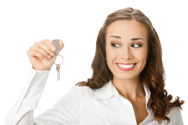 stock image Woman or real estate agent showing keys, over white