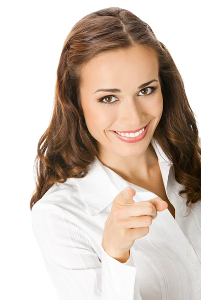Mujer de negocios señalando con el dedo al espectador, en blanco —  Fotos de Stock