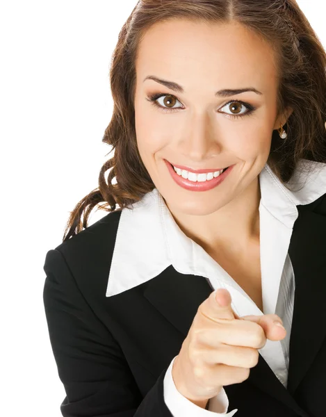 Mujer de negocios señalando con el dedo al espectador, en blanco — Foto de Stock