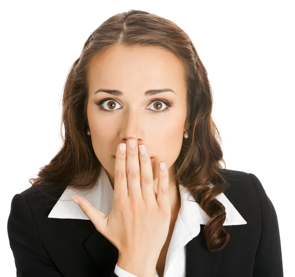 Business woman covering mouth, isolated — Stock Photo, Image