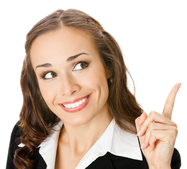 Geschäftsfrau zeigt weiße Fläche, über weiß — Stockfoto