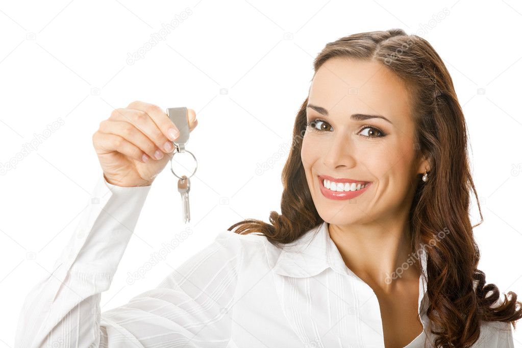 Woman or real estate agent showing keys, over white