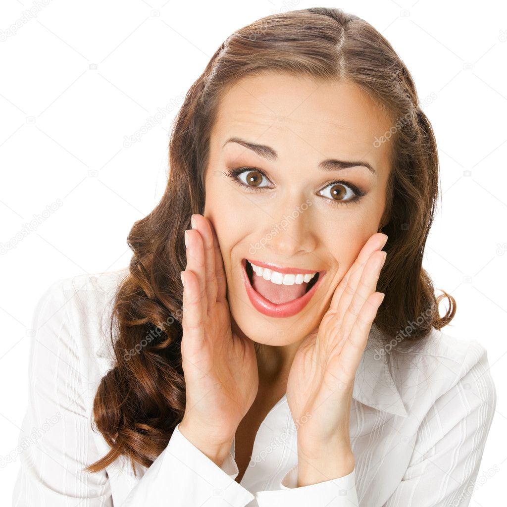 Happy smiling surprised business woman, isolated