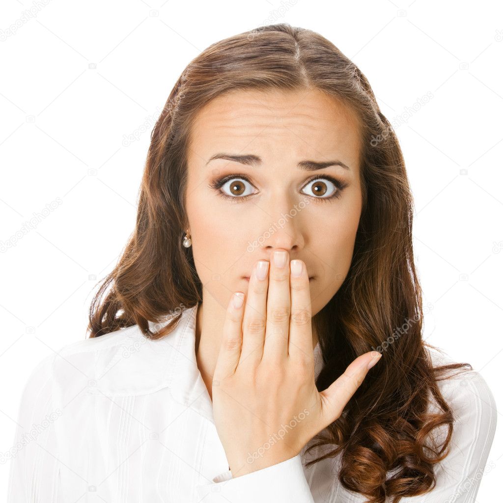 Business woman covering mouth, isolated