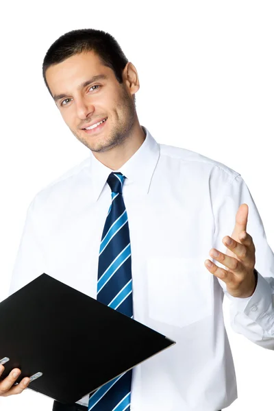 Бизнесмен с папкой, на белом — стоковое фото