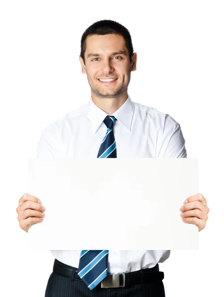 Empresário mostrando tabuleta, isolado — Fotografia de Stock