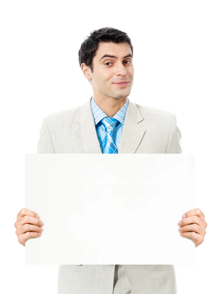 Biznesmen wyświetlone szyld, na białym tle — Zdjęcie stockowe